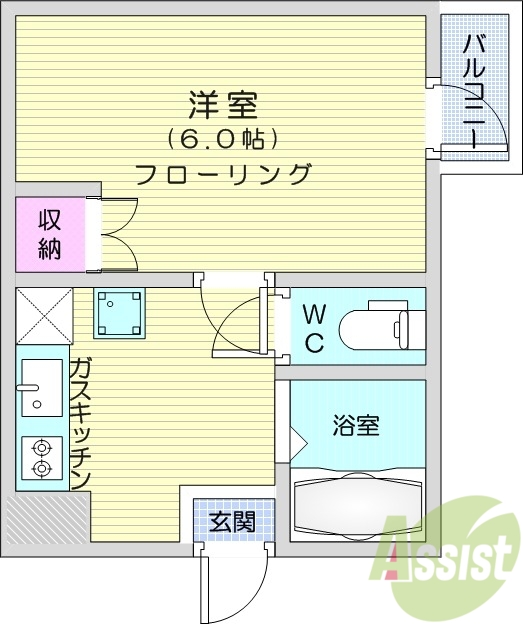 1K、室内洗濯機置き場、ガスキッチン、バルコニー、給湯