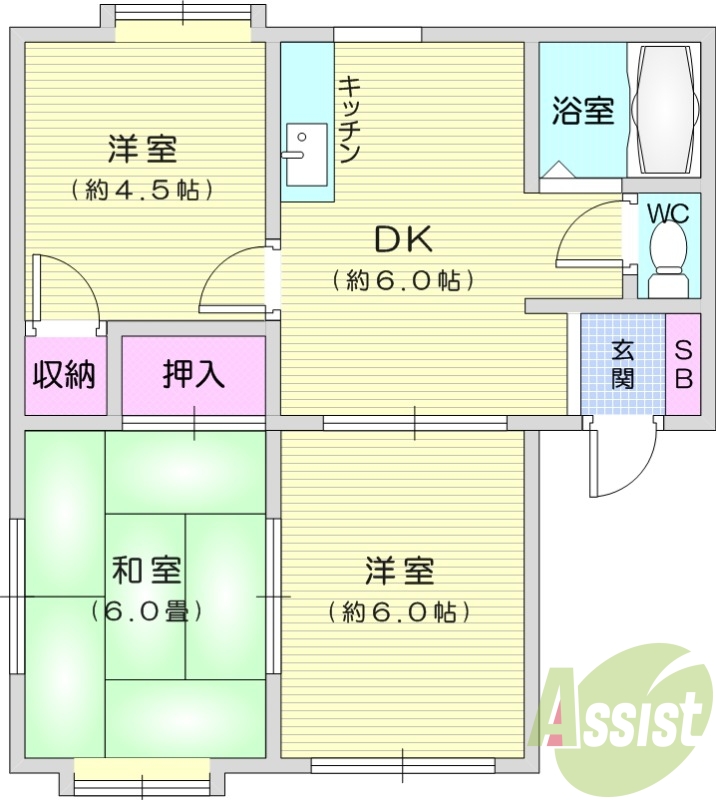 3DK、エアコン、フローリング、給湯、独立洗面台