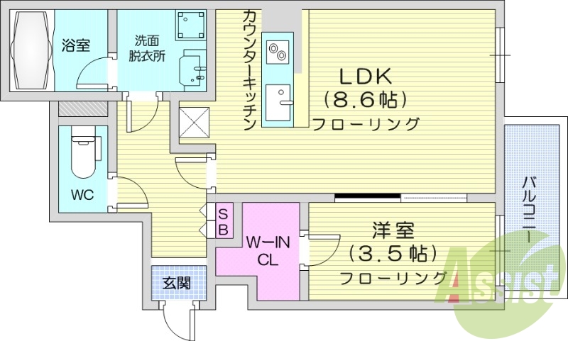 1LDK、バストイレ別、ウォークインクローゼット