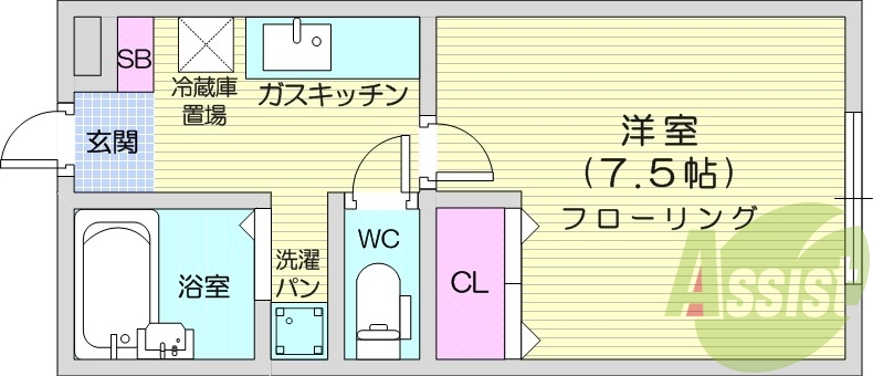 1Ｋ、防犯カメラ、都市ガス、管理人あり