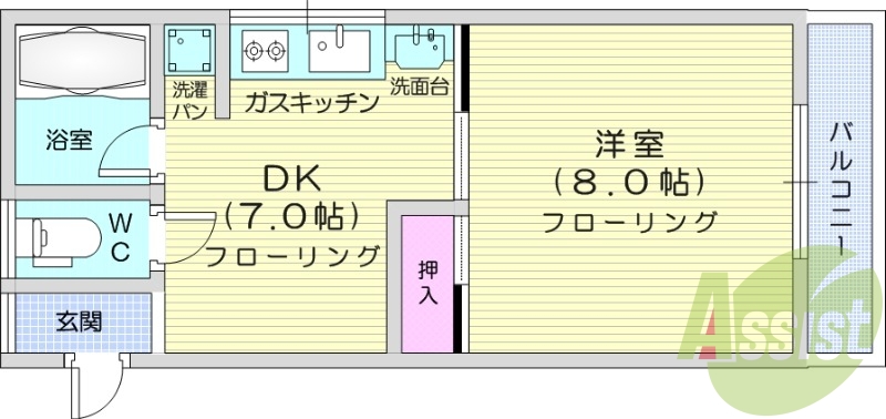 1DK、南向き、角部屋、最上階、バストイレ別、閑静な住宅街