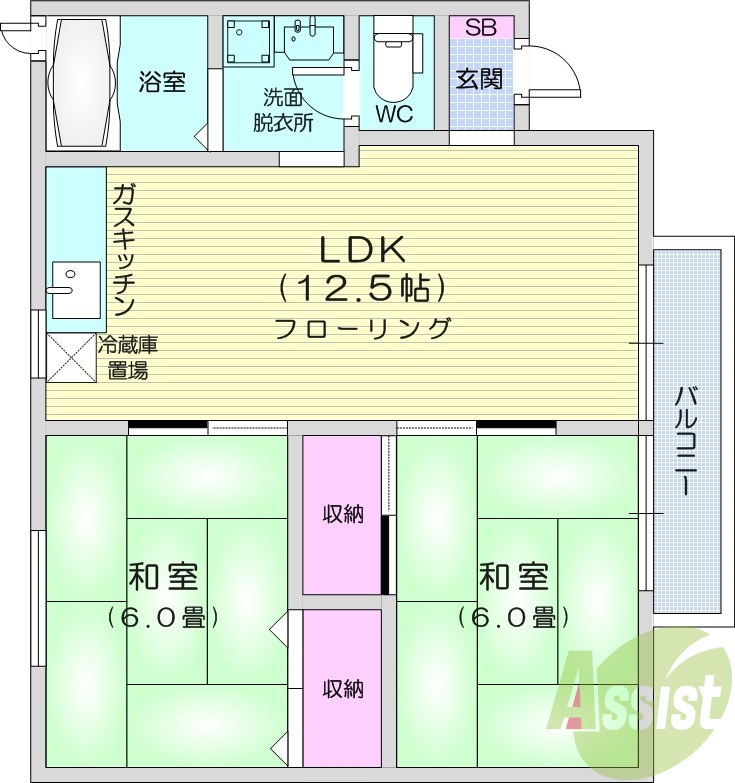 2LDK、南向き、角部屋、追い焚き、独立洗面台