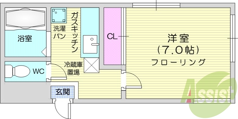 １k、給湯パネル、エアコン、室内洗濯機置き場