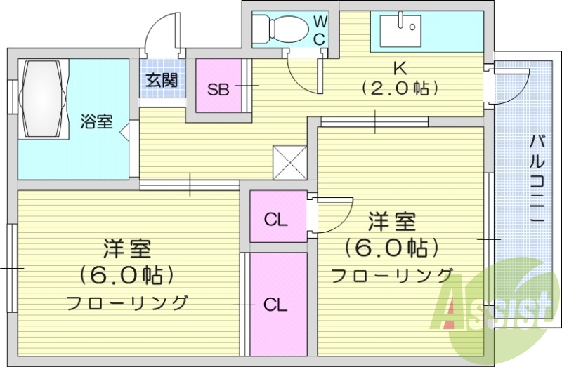 ２K、フローリング、エアコン、クローゼット
