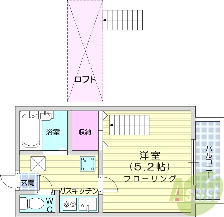 1K、ロフト付き、2口コンロ、エアコン。