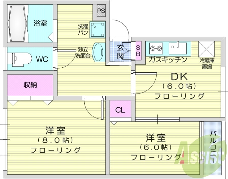 2DK、フローリング、エアコン、給湯、バルコニー