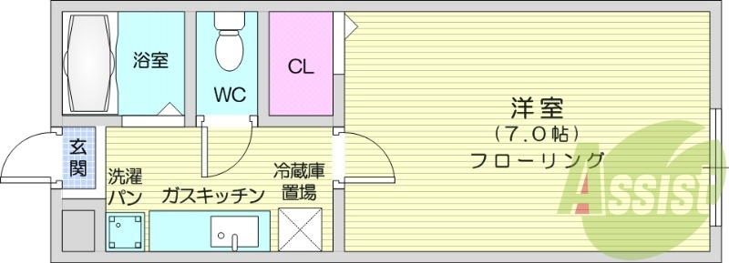 1K、給湯、エアコン、室内洗濯機置場