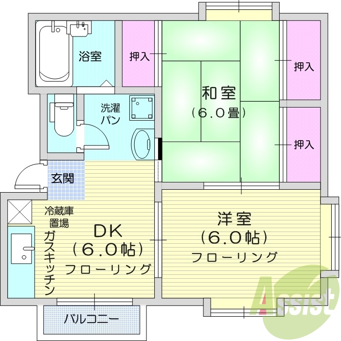 2DK、BT別、収納スペース、室内洗濯機置場、エアコン