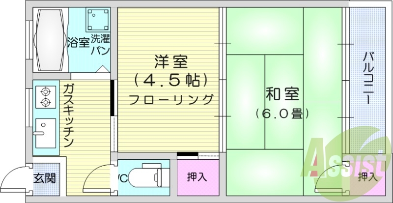 2K、閑静な住宅地、温水洗浄便座、エアコン