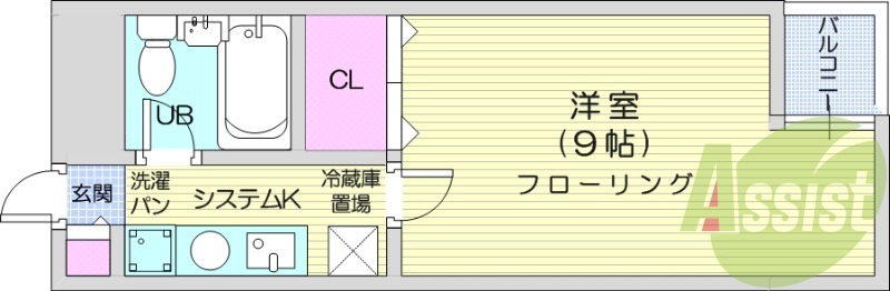 1K、陽当たり良好、室内洗濯機置き場有り。