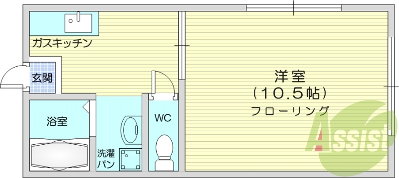 1K、角部屋、都市ガス、ネット無料、エアコン。