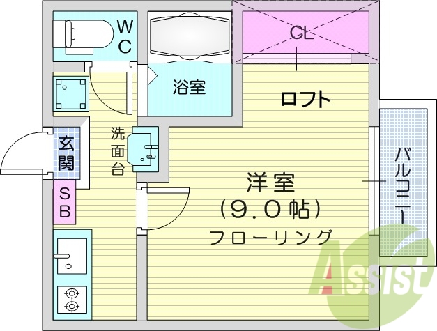 1K、エアコン、室内洗濯機置場、トイレ浴室別、クローゼット