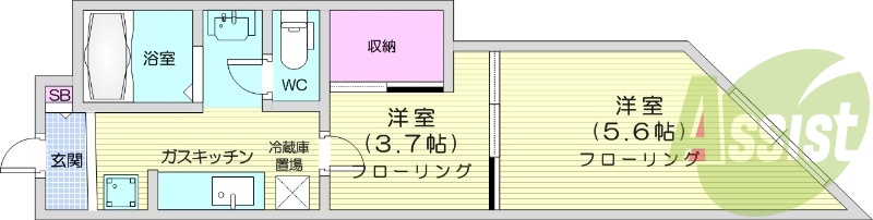 2K、角部屋、バストイレ別、洗面所独立、ガスキッチン