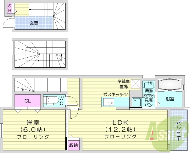 1LDK、バルコニー、バストイレ別、浴室乾燥機、追焚給湯