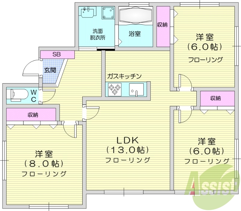 3LDK、追い焚き、カウンターキッチン、フローリング