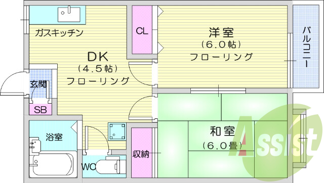 2DK、追い焚き機能、独立洗面台、モニターホン、バルコニー