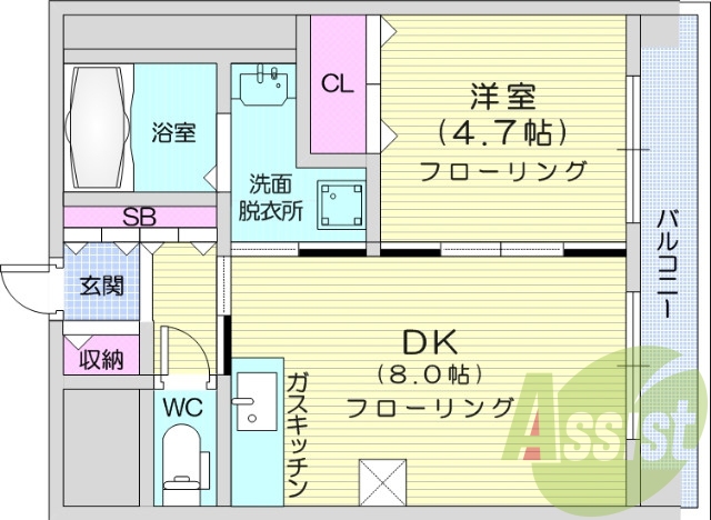 1DK、エアコン、TVインターホン、オートロック。
