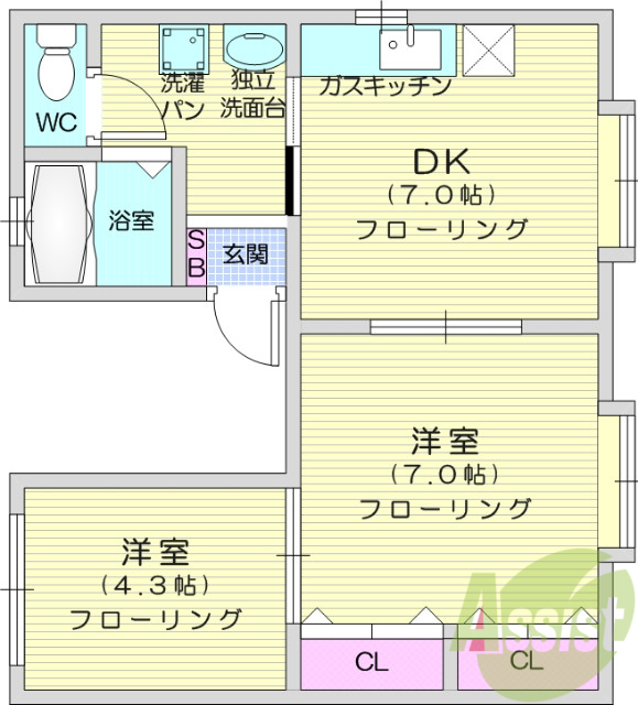 2DK、室内洗濯機置場、洗面化粧台、給湯、エアコン、BT別