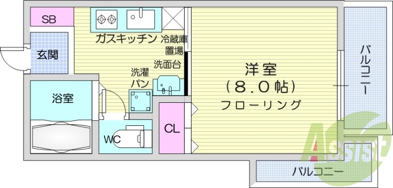 1K、独立洗面台、バストイレ別、バルコニー