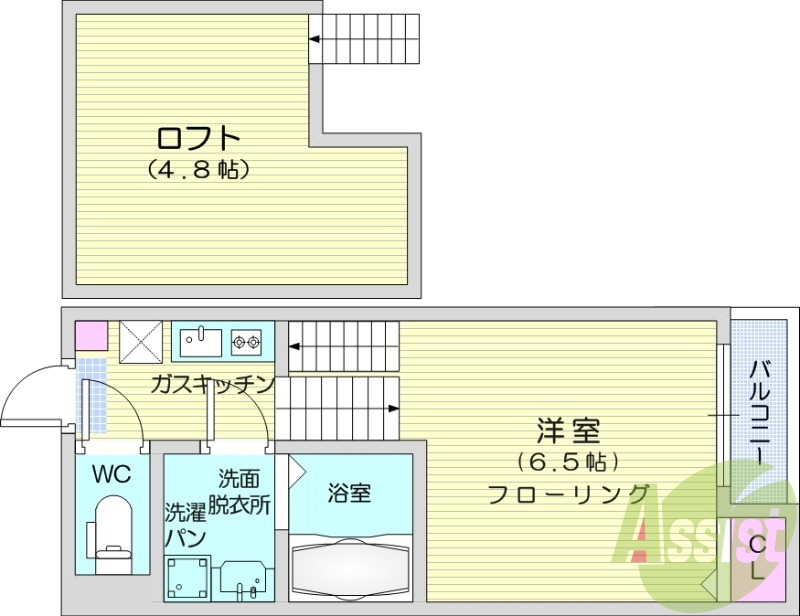 1K、ロフト、独立洗面台、バルコニー、インターホン