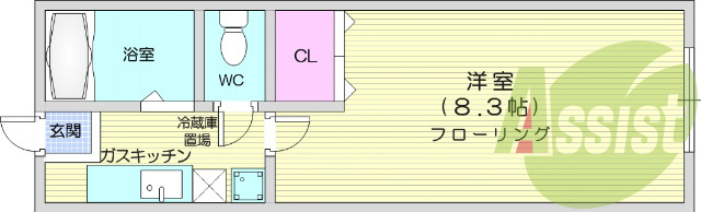 １K、バス・トイレ別、光ファイバー有り、照明器具付き。