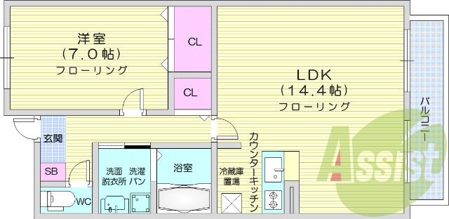 1LDK、B・T別、ウォシュレット付きトイレ有り。