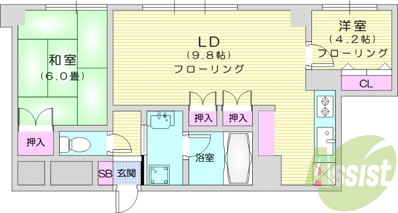 2LDK、エアコン、独立洗面台、オートロック