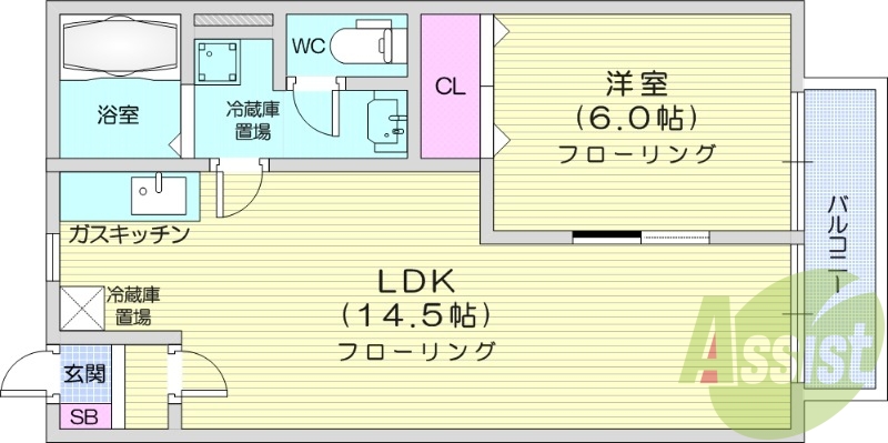 1LDK、モニター付きインターフォン、バストイレ別。