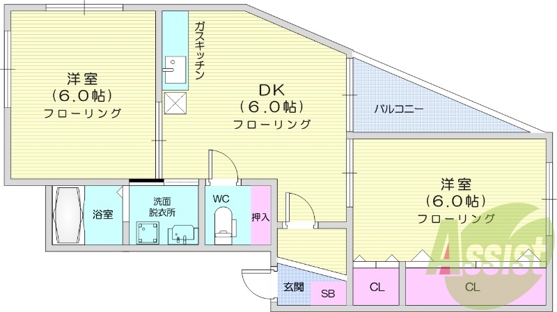 2DK、エアコン、ウォシュレット、独立洗面台