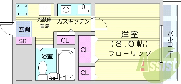 1K、エアコン、バストイレ同室、クローゼット