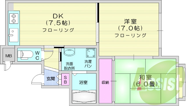 2DK、システムキッチン、モニター付インターホン、駐車場無料