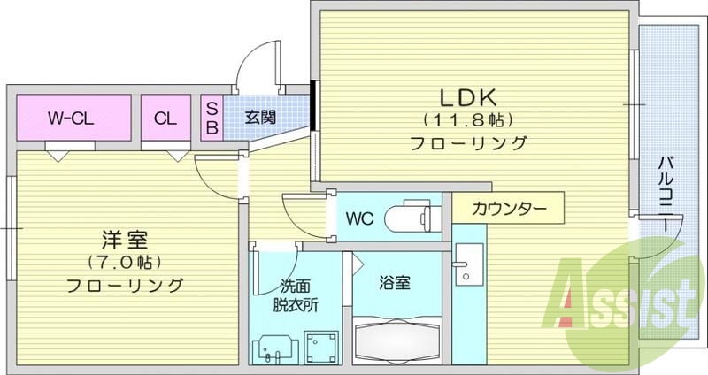 1LDK、南向き、追焚機能、温水洗浄便座シャワー付洗面化粧台