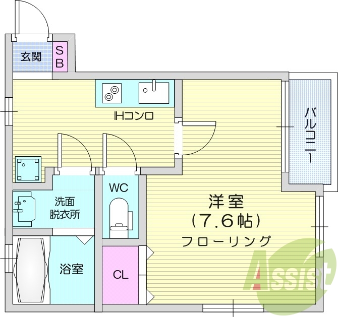 1K、エアコン、温水洗浄便座、バルコニー