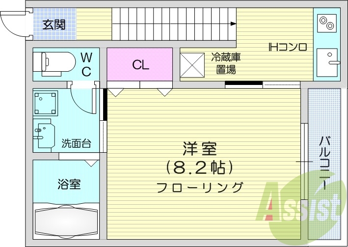 1K、南向き、バストイレ別、バストイレ別、洗面脱衣所