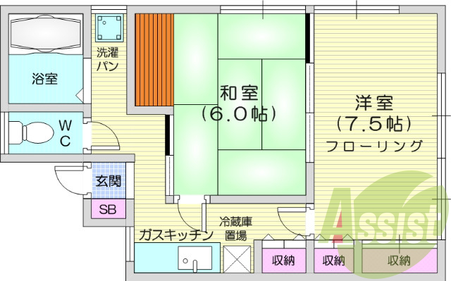 2K、追い焚き機能付き浴室、B・T別、エアコン付き