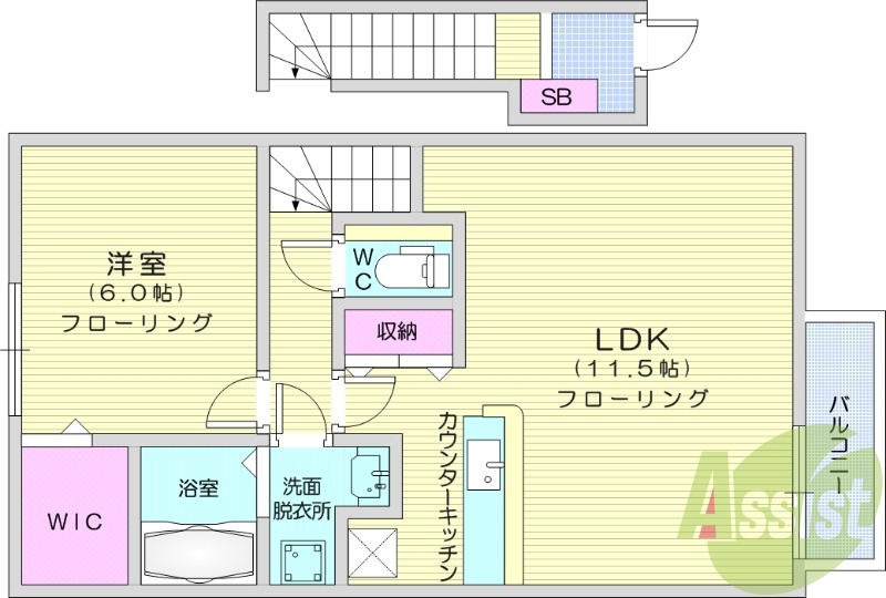 1LDK、洗面所独立、エアコン、バストイレ別
