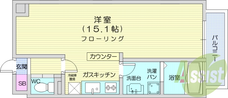 １R、エアコン、オートロック、TVインターホン、バルコニー