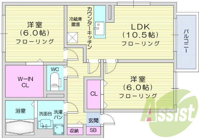 2LDK、バストイレ別、エアコン、TVインターホン。