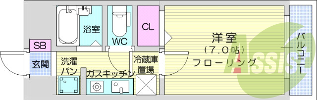 1K,エアコン、室内洗濯機置場、バルコニー、風呂トイレ別