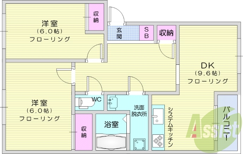 2DK、追い焚き機能、独立洗面台、システムキッチン