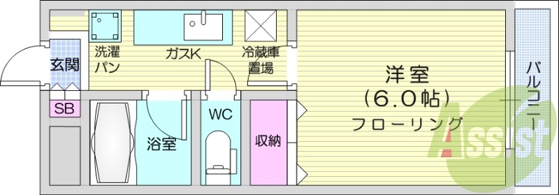 1K、フローリング、エアコン、バルコニー