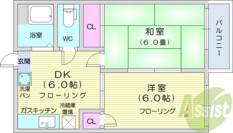 2DK、エアコン、バストイレ別、冷蔵庫置き場