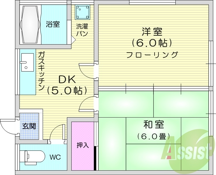 2DK、バストイレ別、室内洗濯機置場、エアコン