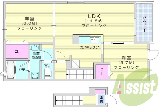 2LDK、浴室乾燥機、追い焚き給湯、複層ガラス、バストイレ別