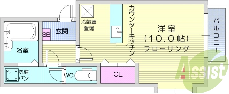 1R、エアコン、モニタ付インターホン、クローゼット