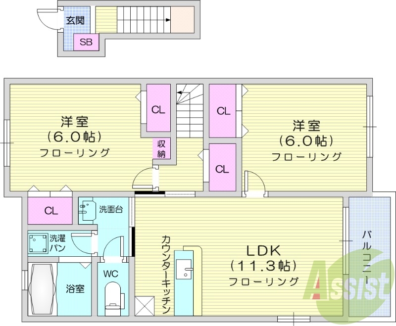 2LDK、角部屋、カウンターキッチン、洗面所独立