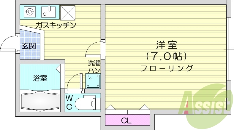 1Ｋ、エアコン、室内洗濯機置場、トイレ浴室別、クローゼット