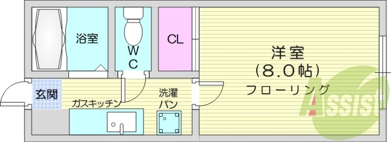 1K、エアコン、プロパン、バストイレ別、収納
