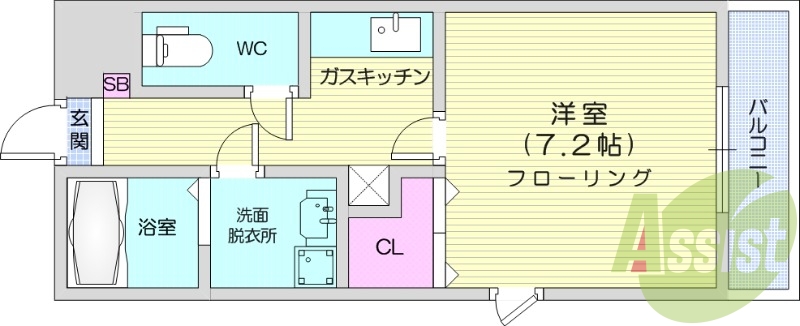 1K、バストイレ別、陽当たり良好、バルコニー付き