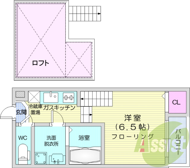 1K、ロフト、浴室乾燥機、システムキッチン、温水便座
